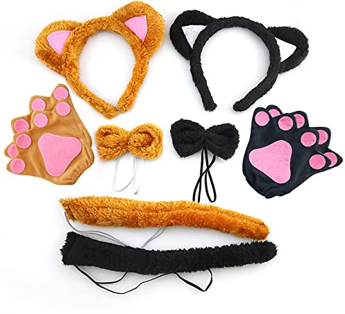 TSHAOUN 2 Sets Kostümset Katze, Katze Tierkleid Cosplay Set Katzenohren Stirnband Kätzchen Schwanz Ohren Kragen Pfoten Handschuhe für Halloween Fasching Karneval