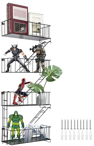 DuvinDD 4-stöckiges Metall-Feuerflucht-Wandregal, NYC industrielle schwebende Regale für Actionfiguren, schwarz, dekoratives Display, Leiterregal, Wandaufbewahrung und Display