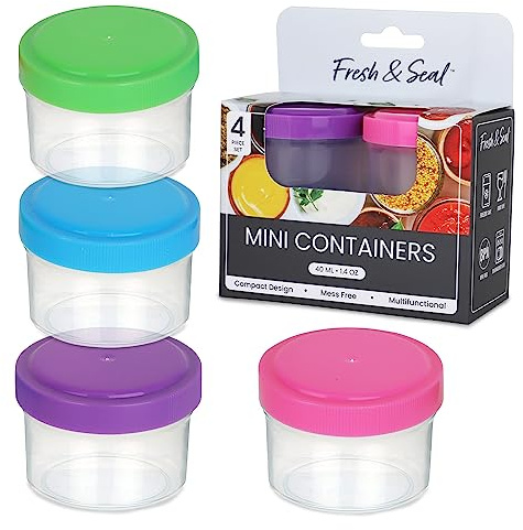 MosJos Condiment Containers with Screw Lids (4-Piece) - Reusable Leakproof Salad Dressing Containers to go - Small Mini Food Storage Cups for Lunch, Dishwasher Friendly, 1.4-Ounce