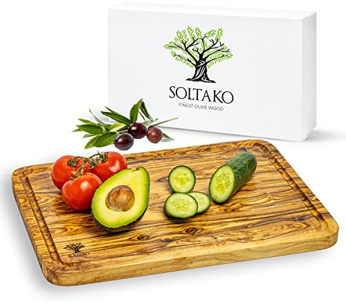 SOLTAKO Schneidebrett Olivenholz mit Saftrille 40 x 30 cm The Wood Master L - massives Servierbrett, Tranchierbrett aus Oliven Holz