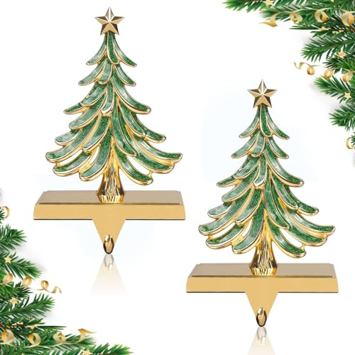 JUSTOTRY 2 x Weihnachtsstrumpfhalter für Kaminsims, Glitzer, Grün, Weihnachtsbaum, Gold, Strumpfhalter für Kamin, Heimdekoration, Urlaubsgeschenke, Weihnachtsdekorationen, Zubehör, rutschfest