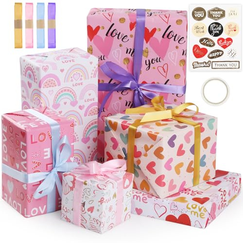 Bigqin 6 pezzi di carta da regalo, set di carta da Pacchetto regalo di San Valentino con motivo squisito, 1 adesivi, 4 di nastro, carta da regalo per confezione regalo per feste (70 x 50 cm)