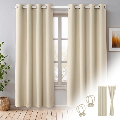 Cozyor Verdunklungsvorhänge Gardinen 2er Set mit Magnet-Raffhalter Thermogardine gegen Kälte, verdunkelnd, beige Driftwood, Gardine mit Ösen für Schlafzimmer, Wohnzimmer, Kinderzimmer 200x135 cm