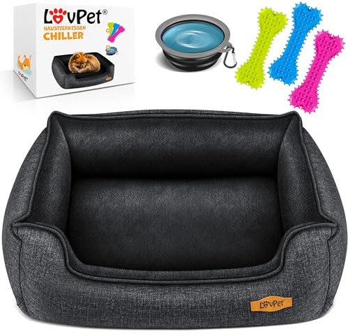 Lovpet® Hundebett Hundekissen Hundekorb Chiller, Inkl. Napf + 3X Kauknochen, Hundesofa Kissen für Kleine, Mittelgroße & Große Hunde, Bezug abnehmbar und waschbar, L 90 x 75 x 25 cm Anthrazit