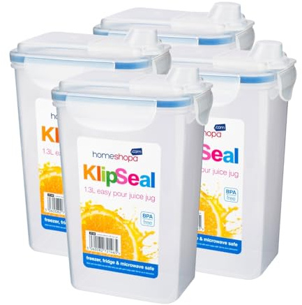 HOMESHOPA Fridge Liquid Storage Jug, 4 Pack Clip & Lock Seal Clear Plastic Juice Containers, BPA free Airtight Jug for Milk, Water & More, Dishwasher Freezer & Microwave Safe