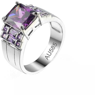 KnSam Echtgold Schmuck Freundschaftsringe 14 Karat 585 Weißgold, Breiter Ring Partnerringe Lila, 14K Gold Verlobungsring mit Amethyst, Gr.65 (20.7)