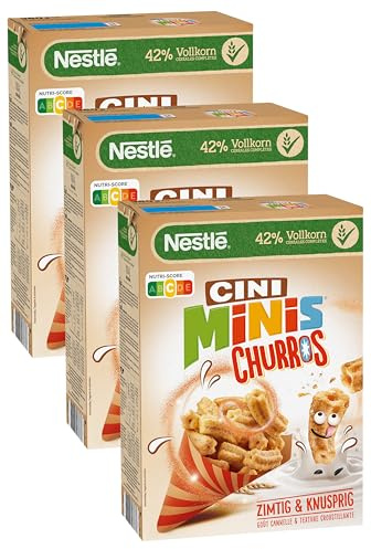 Nestlé CINI MINIS Churros Frühstücks-Cerealien mit 42% Vollkorn-Anteil, 3er Pack (1x360g)