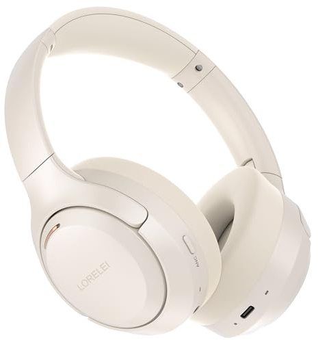 LORELEI QC60 Hybrid Active Noise Cancenlling Headphones,Wireless over ear Bluetooth Headsets with mic, 60H Playtime Foldable Lightweight, Deep Bass, Memory Earmuffs,for Travel Home Office(Beige White)