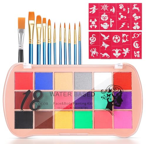 Selutiya Kinderschminke Set,Schminke Kinder mit 12 Pinsel,,18Farben Kinderschminken Set,30 Tattoo-VorlagenWaschbar Face Paint Bodypaint Schminkset, Fasching Halloween Karneval