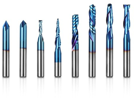 Genmitsu 8 st pinnfräsar CNC-fräsar, CNC-överfräsar, 1/4 skaft Tungsten stål CNC fräs för fräsmaskin med nanoblå beläggning, MRBC08
