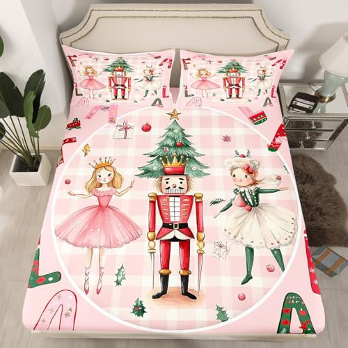 Homewish Sábanas de cama de Navidad rosa tamaño King, sábanas de cascanueces de Navidad, sábana bajera ajustable para niños, niñas y adultos, decoración de habitación, funda de cama de Navidad de