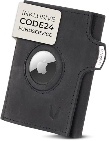 MAGATI Slim Wallet Il Santo (Schwarz Vintage) – Leder Kartenetui mit RFID-Schutz – Geldbeutel mit praktischen Fächern und AirTag Hülle – 1 Jahr Fundservice – kompatibel mit Apple AirTag 1 & 2