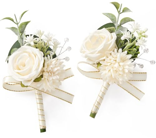 Serwalin 2 Pcs White Boutonniere for Men, Groom Groomsmen Best Man Guest Boutonnieres, Artificial Flowers Silk Rose for Wedding Prom Ceremony Anniversary Party Homecoming
