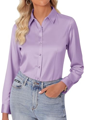 siliteelon Damen Bluse Langarm Bügelfrei Damenbluse Button-Down Shirts Lila Regular Fit Baumwolle Tops Bluse,S