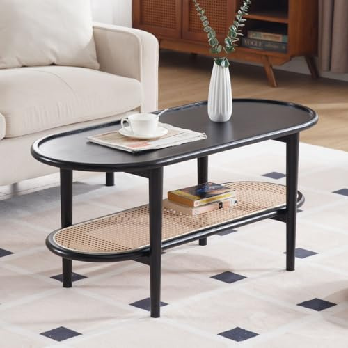 Ya-Home Couchtisch Oval, Wohnzimmertisch mit Rattan Ablage, Schwarz | Sofatisch Holz, Kaffeetisch Beistelltisch Teetisch für Wohnzimmer Schlafzimmer Büro