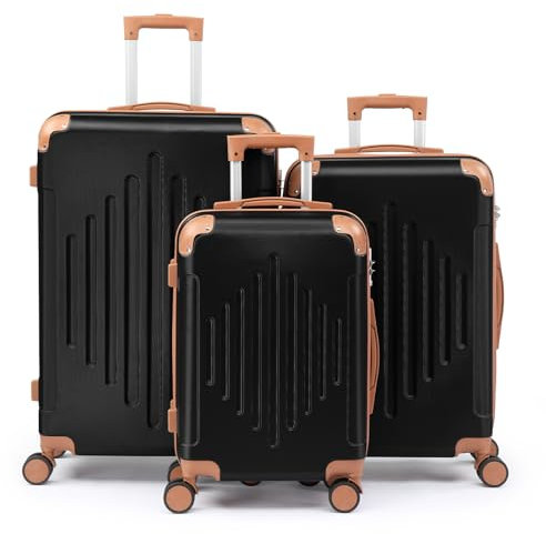 LALAHO Kofferset 3 teilig Hartschale, Reisekoffer mit Rollen Groß, Koffer Set 3 Stück aus ABS, Handgepäck mit Eckenschutz, Kontrastfarben-Design, Schwarz