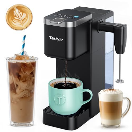 Tastyle Single Serve Coffee Maker with Built-in Detachable Milk Frother, Iced and Hot Coffee Machine for K Cup & Grounds, 40oz Removable Water Reservoir, 6 Cup Sizes, Fits 7.3 Travel Mug, Black