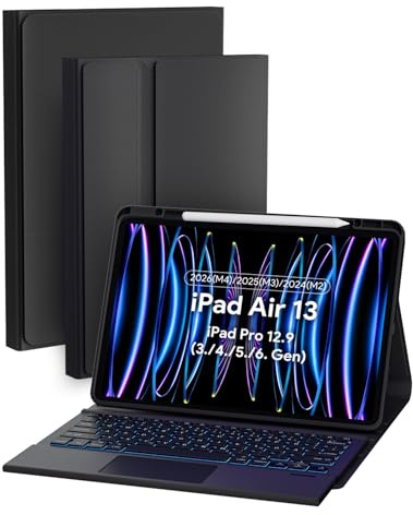 Doohoeek Schutzhülle mit Tastatur für iPad Air 13 2026(M4)/2025(M3)/2024(M2), iPad Pro 12,9 Zoll 6./5./4./3. Gen, Bluetooth Kabellose Beleuchtete Tastatur mit Multi-Touch Trackpad, QWERTZ