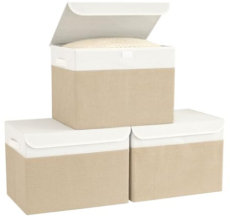 Bagnizer Faltbare Aufbewahrungsbox mit Deckel 3er Set 42x30x30cm | Stoff Aufbewahrungsbox mit Griffen, Groß Kisten Aufbewahrung mit Deckel für Schlafzimmer, Kleideraufbewahrung, Weiß & Beige