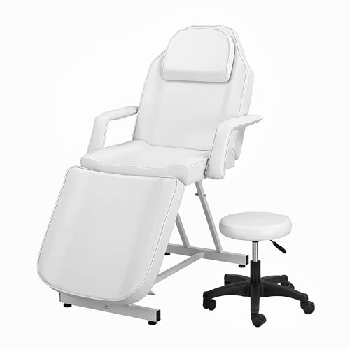 HaiYiZuhause Massage Liege mit Hocker, Verstellbarer Kosmetikstuhl mit hydraulischer Höhenverstellung, Rückenlehne & Beinauflage, Profi Massageliege für Tattoo, Wimpern, Kosmetikstudio, Weiß
