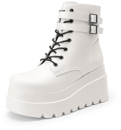 DREAM PAIRS Women Platform Combat Ankle Boots Goth Chunky High Heel Lace Up Motorcycle Booties,Size 10,White,DWUMAB2519