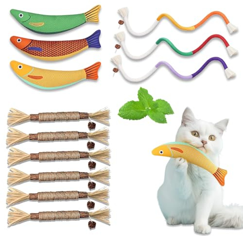 lompyeu Catnip, 12 Piezas Juguetes para Gatos con 3 Juguetes Pez Gatos Hierba Gatera, 3 Cuerdas para morder y 6 palitos de Catnip, Limpieza de Dientes, Dentición