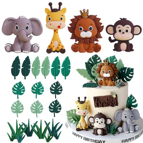 24PCS Jungle Animal Cake Toppers,Animals Happy Birthday Cake Toppers,Jungle Theme Party Decorations,Wild Safari Theme Cake Decorations for Boys Girls Baby Shower Party Supplies (B)