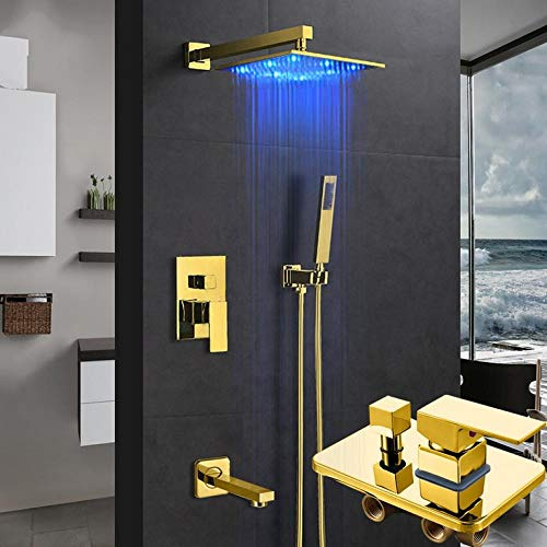 Gold LED Concealed Shower Faucets Set Rainfall LED Shower Head 3-Way Brass Mixer Tap Tub Spout Bathroom Shower Faucet-12 inch Full Set