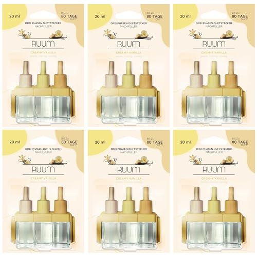 RUUM Nachfüllflakons 6er Pack je 20 ml Creamy Vanilla - Hochwertiger Raumduft Nachfüller - Kompatibel mit Febreze & Ambi Pur 3Volution Duftstecker - Lufterfrischer Nachfüller für Duftvielfalt