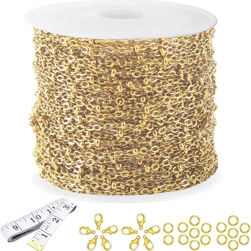 16Ft Stainless Steel Bead Chain for Jewelry Making, 1.6mm Thin Gold Plated Ball Beaded Cable Link Chains Roll for DIY Necklace Bracelet Jewelry Making Supplies with Lobster Clasps Soft Tape Measure