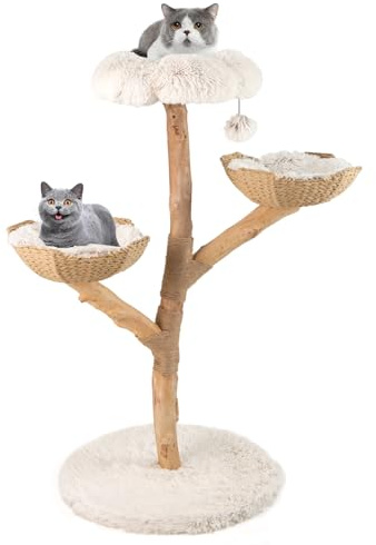 GOPLUS Kratzbaum Holz, Katzenbaum 122 cm mit 2 Rattan-Körbchen, Kratzstamm aus natürlichem Jute, blütenförmige Sitzplattform, Plüschball & erweiterter Basis, Kletterbaum für Katzen, Indoor Katzenmöbel