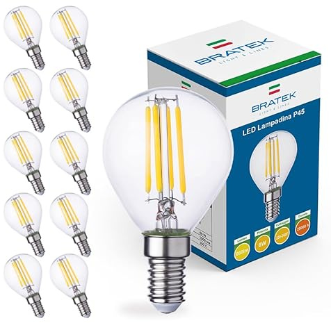 Bratek 10 Lampadine Led E14 Luce Fredda Vintage 6500k 6W 660 Lumen | Lampadina Vintage Attacco Piccolo e14 Filamento Led - Sferetta Trasparente Equivalente 75W a Incandescenza o 60w Alogena