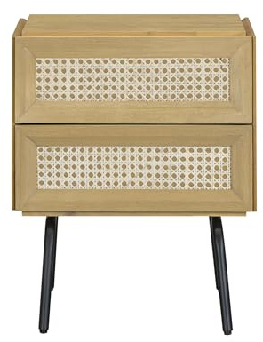 NTC Solid Oak Drawer Face Lulu Nightstand with Natural Rattan Drawer, Mid-Century Side Table for Bedroom, Bedside Furniture, End Table – Waterproof, Heat Resistant, Easy to Assemble - Sand