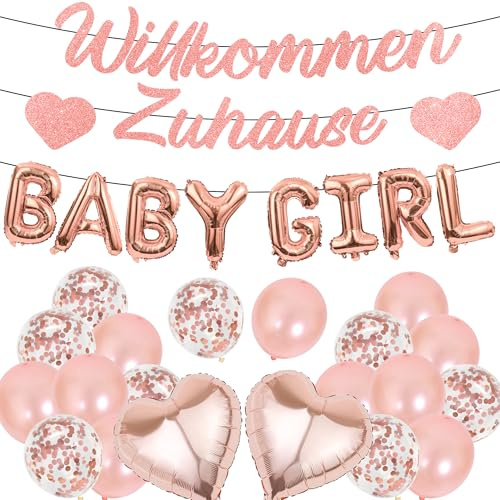 Willkommen Zuhause Baby Deko Mädchen - 29 Stück Roségold Baby Girl Banner Girlande Wimpelkette Luftballons Ballons Folienballon für Welcome Home Shower Babyparty Dekoration