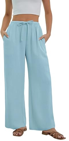 Stamain Pantaloni di Lino Donna Estivi Pantaloni Larghi Casual Ampi a Vita Alta Eleganti Pantaloni Leggeri da Spiaggia Comodi Pants con Tasche Bleu XL