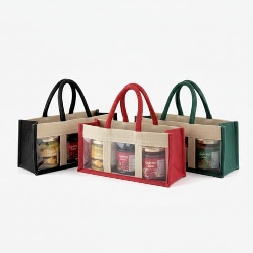 Christmas Jute Jar Gift Bag with Window – Holds 3 Small Jars or Candles – Red/Green/Black – Eco Reusable, Short Handles, 12 x 25 x 9 cm – Ideal for Jam, Honey, Wax Melts (Red)