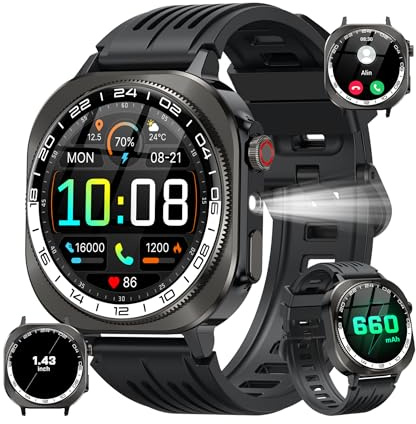 uaue Military Smart Watch for Men(Answer/Make Calls), 1.43 AMOLED Fitness watch with 660 mAh Battery/Flashlight/Heart Rate