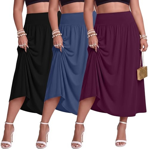 Ficerd Pack de 3 Faldas Largas Maxi Tallas Grandes para Mujeres Curvas Corte en A Cintura Alta Faldas de Verano con Bolsillos(Fucsia, Azul neblina, Negro,5XL)