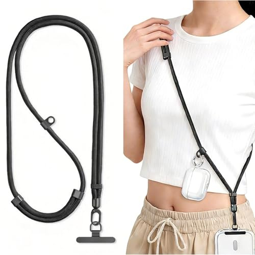 Cordino per Cellulare con Foro Portachiavi in Silicone Universale Collana Laccetto Anti-Perda Lanyard Telefono Cinturino Regolabile da Collo Catena con Clip Acciaio Inox per iPhone Chiavi Badge Nero