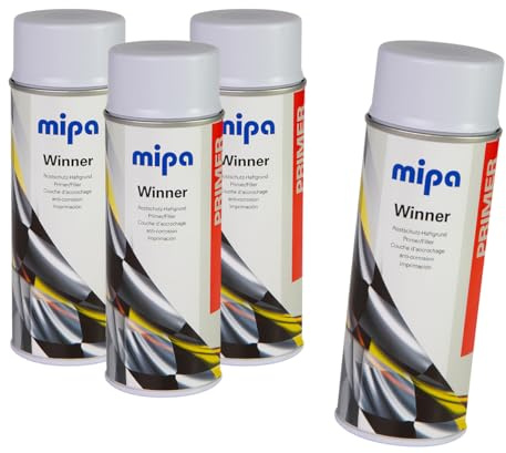 MIPA Winner Spray Rostschutz Haftgrund Grau 400 ml - Bundle Set 3+1 Gratis | Korrosionsschutz Lackiergrundierung für Metall an Auto und Motorrad, schnelltrocknend, im 3+1 Gratis Bundle Set