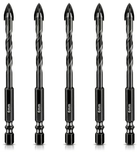 Set de 5 Brocas Porcelanico 6mm, Carburo Brocas para azulejos ceramica, vidrio, piedra, hormigón y madera con vástago hexagonal 1/4 para taladros eléctricos y mesas