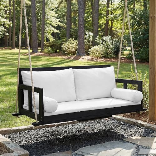 VILUXE Hängeschaukel 2 Sitzer, Gartenschaukel Mit Kissen Und Zwei Aufhängeseilen, Schaukelbank Aus Akazienholz Ohne Gestell, Abnehmbares Waschbares Kissen, Belastbar Bis 160 kg, Für Garten, Terrasse,