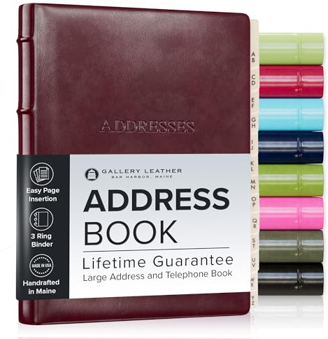 Gallery Leather Large Address Book with Alphabetical Tabs up to 480 records, Leather Notebook Hardcover, Telephone and Address Books - 9x7, Desk Address, Acadia Burgundy