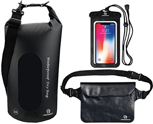 Freegrace Lot de 3 sacs étanches avec 2 joints à fermeture éclair, bandoulière amovible, pochette de taille et étui pour téléphone – peuvent être immergés dans l'eau – pour la natation (noir