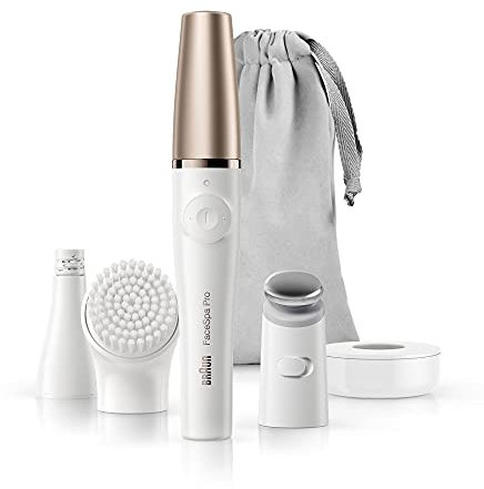 Braun FaceSpa Facial Epilator for Women, Hair Removal with Facial Cleansing Brush Head, Toning Head & Charger Stand, Wet & Dry, SE911, White/Bronze