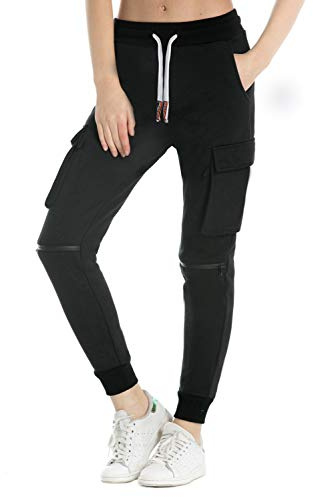 Extreme Pop Mujer Pantalones de chándal de algodón Puro Joggers de Corte Slim Pantalones Cargo de Punto de Rizo francés Colores Negro Gris Azul (S, Negra)