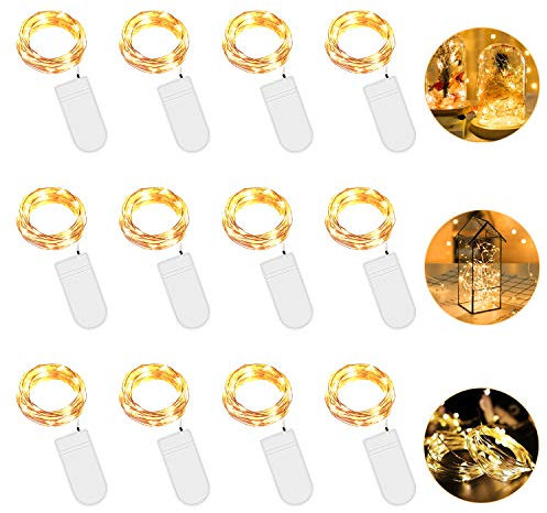 LED Lichterkette mit Batterie, 12 Stück 2 Meter 20er Micro Kupfer Lichterkette Warmweiß IP65 Wasserdicht Dekorative Lichterkette String Fairy Light Drahtlichterkette für Party Garten Hochzeit