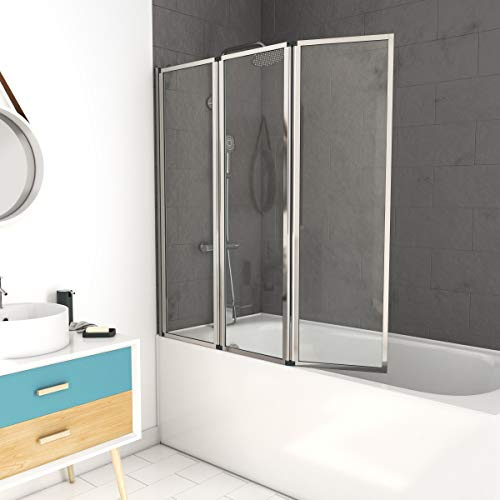 Marwell Triple Chrome Shower Screen for Bathtub 125 x 143 cm Folding Bath Screen in Chrome Bath Attachment with Clear Glass