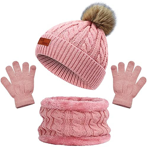 beifon Kinder Wintermütze Schal Handschuhe Mädchen Set Kindermütze Strickmütze Mütze Schal Set Mädchen Jungen Warme Winter Beanie Hut Handschuhe für Kinder 3-8 Jahre