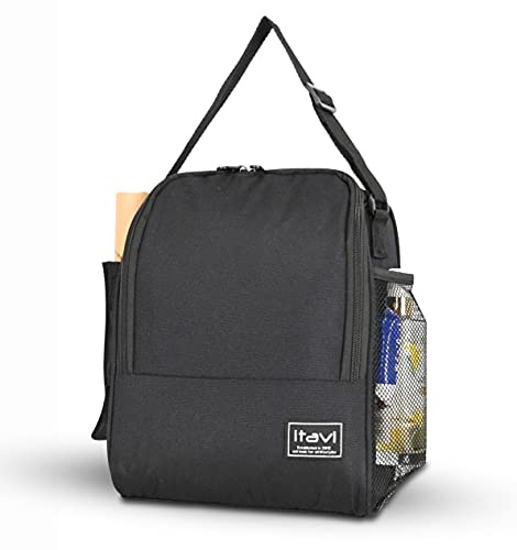ITAVL ITAVLPortable Thermal Insulated Lunch Bag with Side Pockets for Adults/Kids/Men/Women, Soft Cooler Bag Durable Lunch Box for Outdoor/Work/School/Picnic (Black)